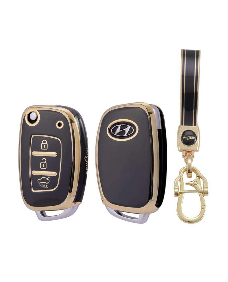 Keycare TPU Key Cover For Hyundai Creta, I20, Venue, Tucson, Alcazar, Grand I10, Aura, Xcent Flip Key | TP10 Gold Black